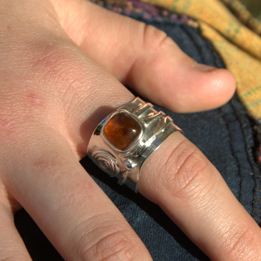 Handmade sterling silver Amber Ring with natural crystal – Emilia Rose Designs