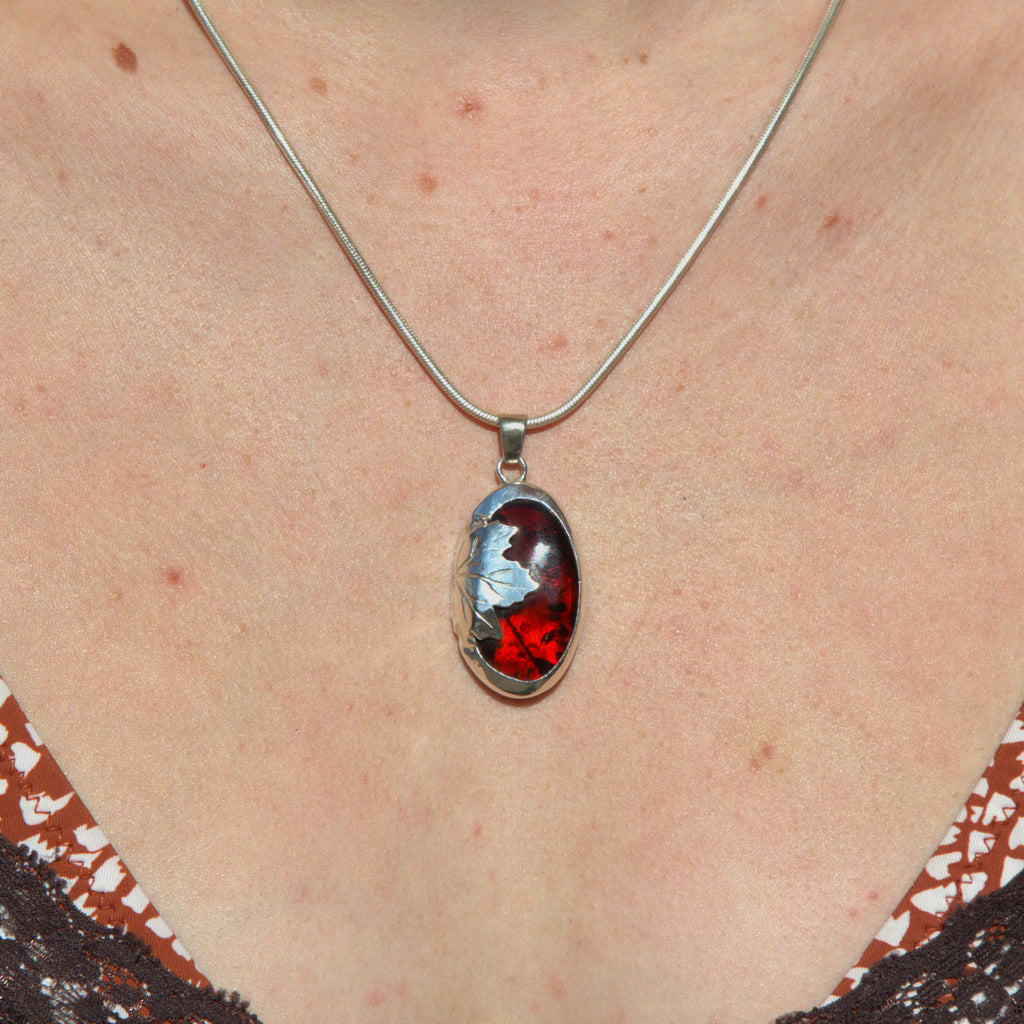 Handmade sterling silver Amber Leaf Pendant with natural crystal – Emilia Rose Designs